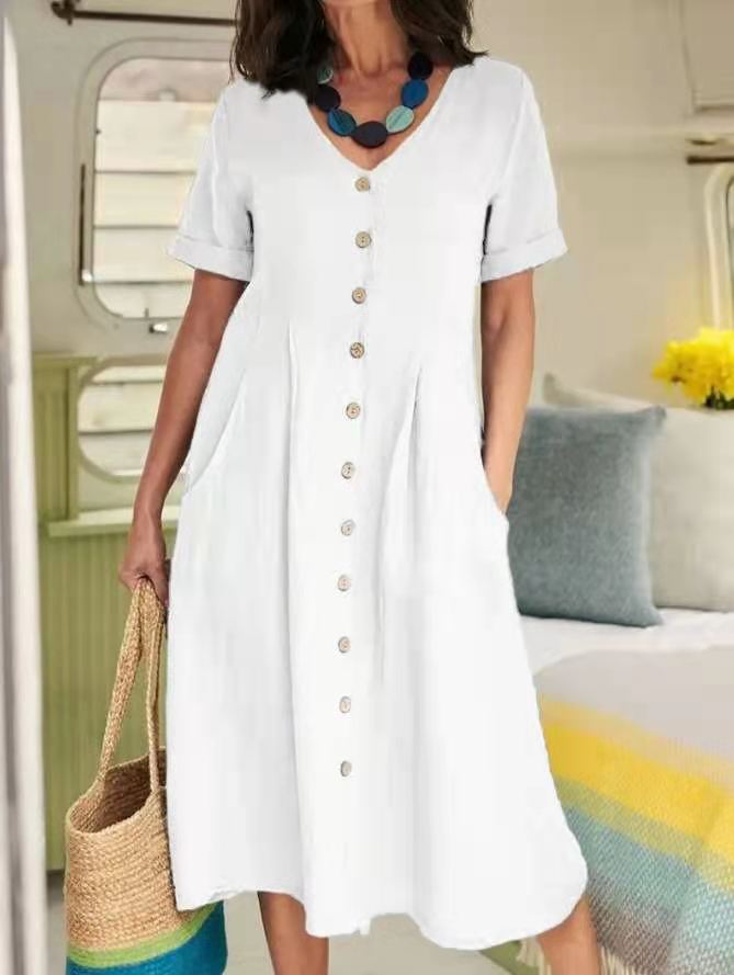 Women's V-Neck Button-Front Midi Dress - Short Sleeves
