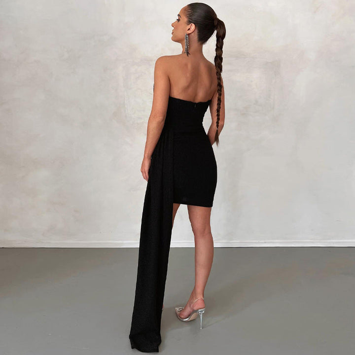 Women’s Strapless Evening Dress - Bodycon Fit - Asymmetrical Hem - Draped Slit Skirt