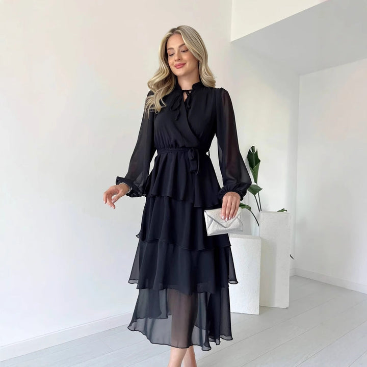 Women’s Midi Dress – Tiered A-Line Silhouette – Sheer Long Sleeve – High Neck Tie Waist