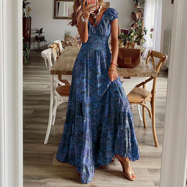Women’s Maxi Dress – Smocked Bodice – Relaxed Fit – V-Neck – Tiered Skirt – Cotton Feel