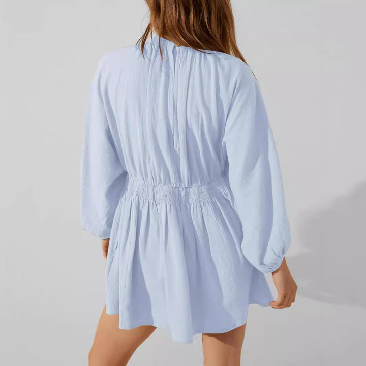 Women’s Mini Dress – Deep V-Neck – Bishop Sleeves – Ruched Waist – A-Line Fit