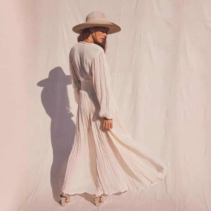 Women’s Maxi Dress – V-Neck – Long Sleeve – High Slit – Fitted Waist – Lightweight Flow
