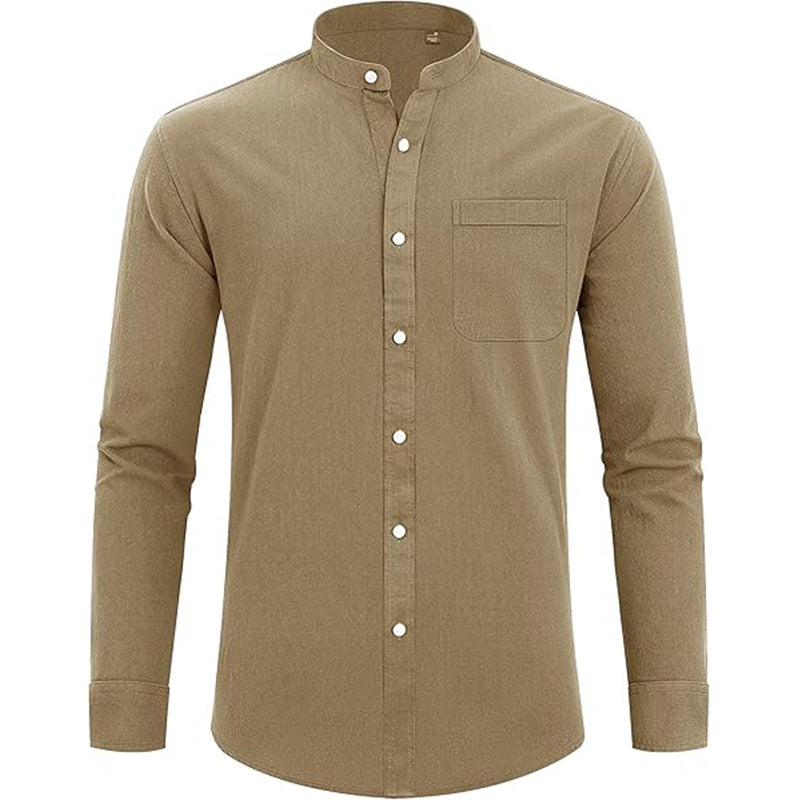 Men’s Button-Up Shirt – Relaxed Fit – Natural Fibers – Long Sleeve – Mandarin Collar