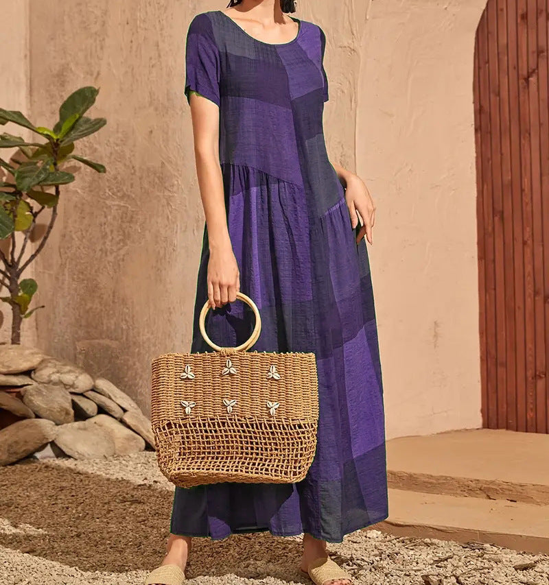 Women’s Long Dress – Cotton – Loose Fit A-Line – Short Sleeve – Plaid Casual Style
