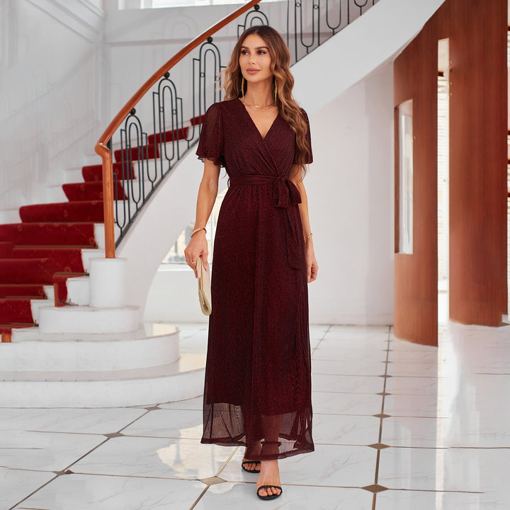 Women’s Wrap Dress – V-Neck – Tie Waist – Short Sleeve – Thigh-High Slit Elegant Fit