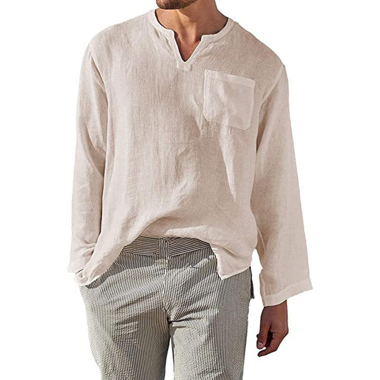 Men’s Long Sleeve Shirt - Linen Cotton Blend - Relaxed Fit - Band Collar Casual Wear