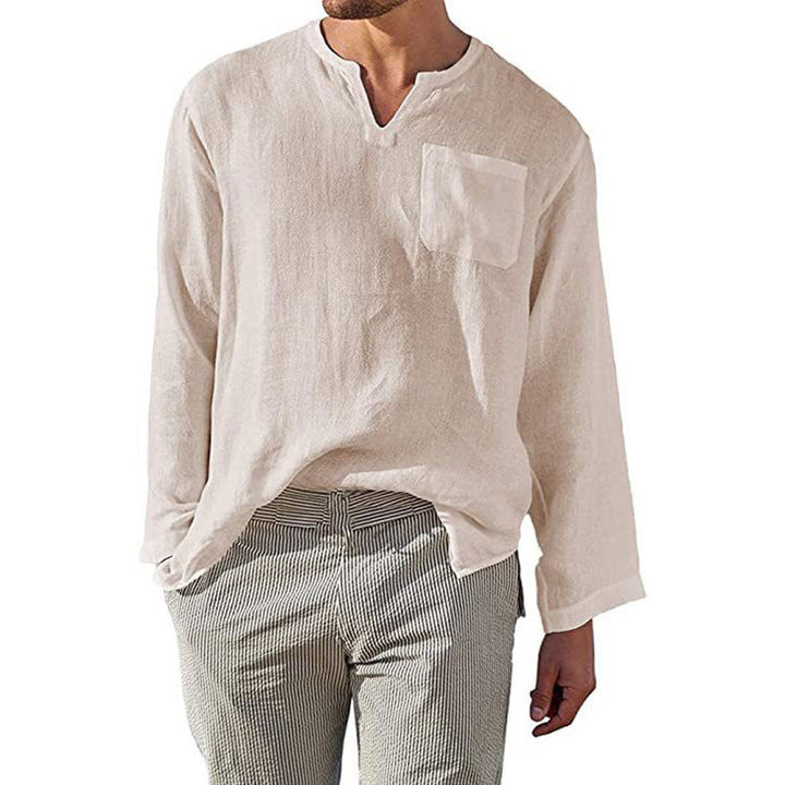 Men’s Long Sleeve Shirt - Linen Cotton Blend - Relaxed Fit - Band Collar Casual Wear