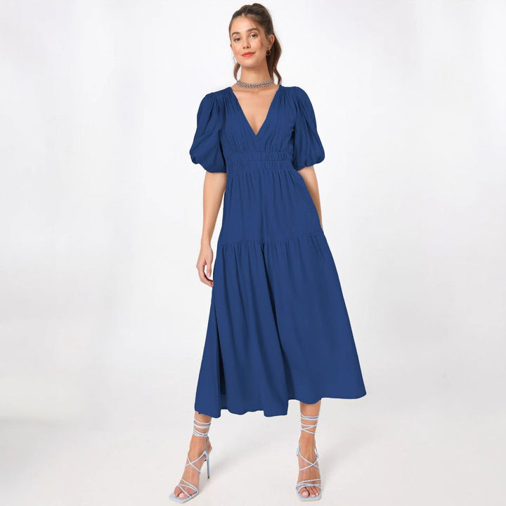 Women’s Midi Dress – A-Line Silhouette – Deep V-Neck – Puff Sleeves – Tiered Skirt
