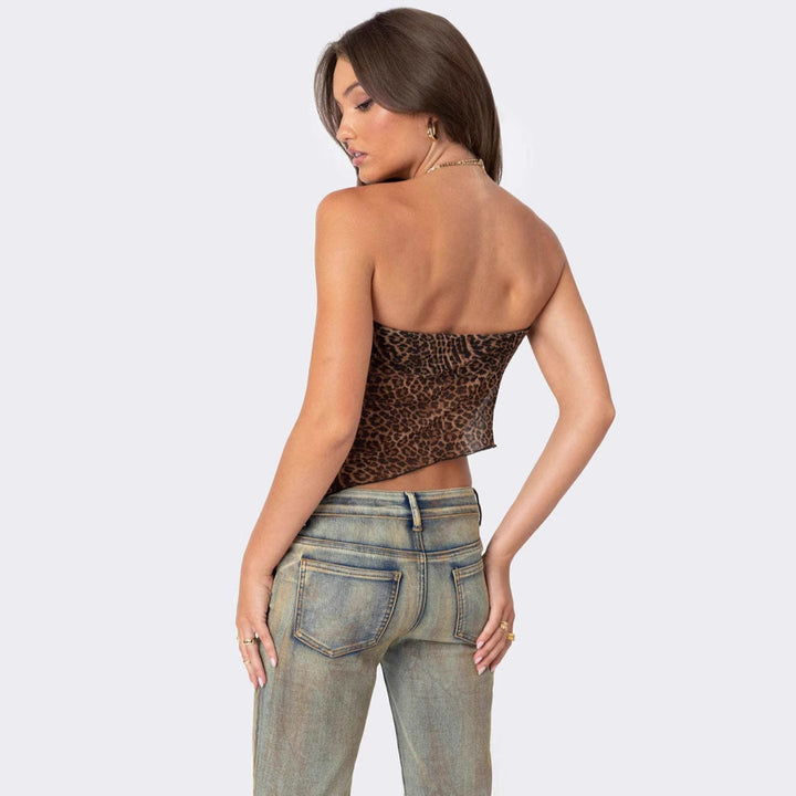 Women’s Strapless Top - Animal Print - Slim Fit - Asymmetric Hem Casual Wear
