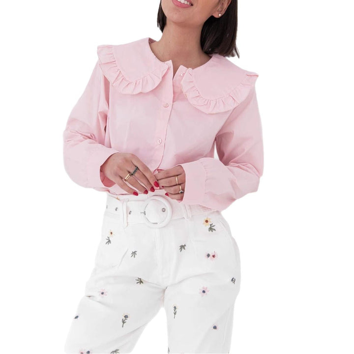 Women’s Blouse - Cotton Blend - Oversized Fit - Ruffled Collar - Long Sleeve Button Down