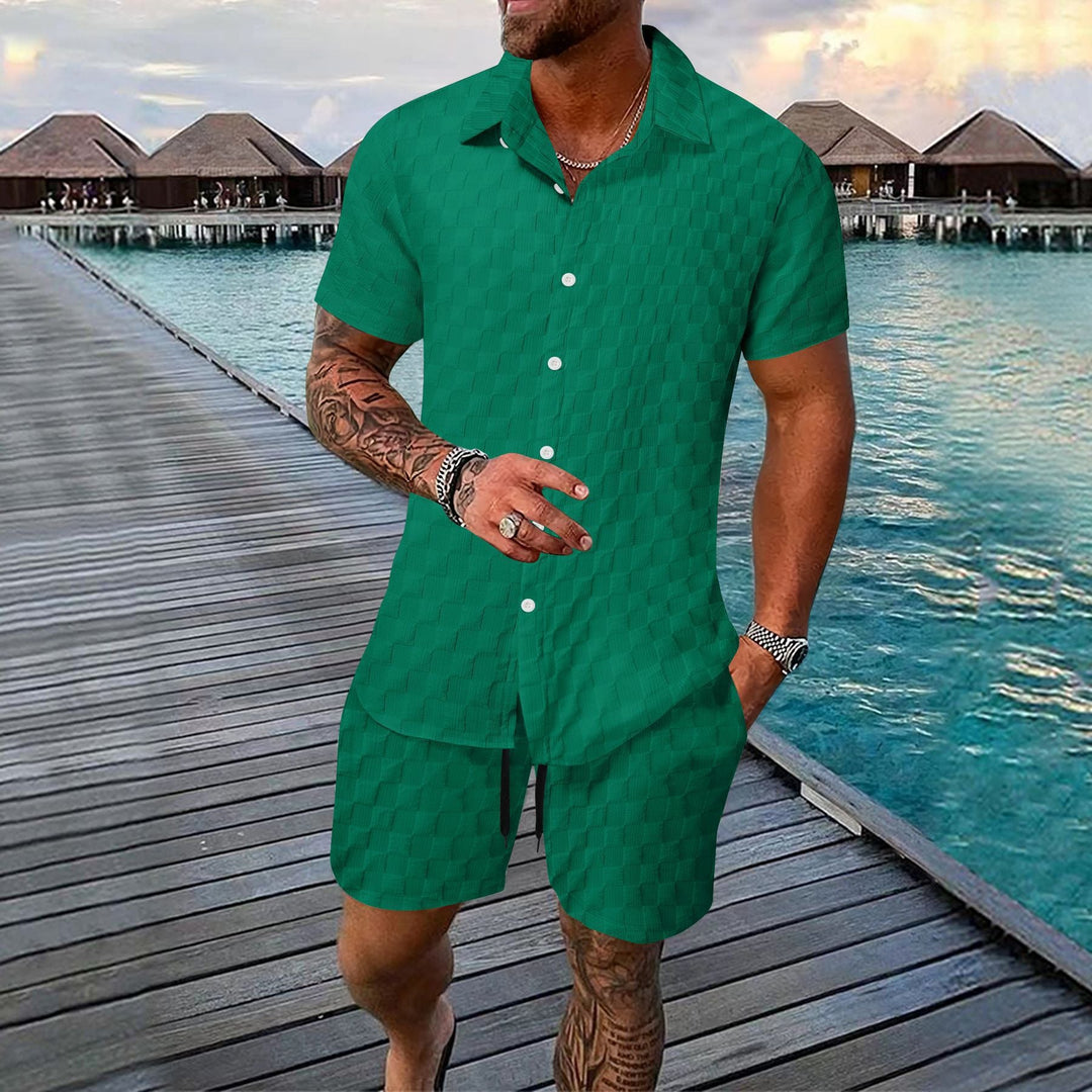 Men's Two-Piece Set - Jacquard Shirt and Shorts - Relaxed Fit - Short Sleeve Lapel Top