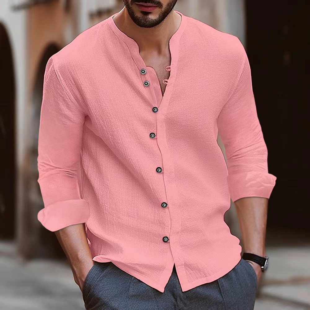 Men’s Long Sleeve Shirt - Cotton Linen Blend - Relaxed Fit - Band Collar Button-Up Casual Wear