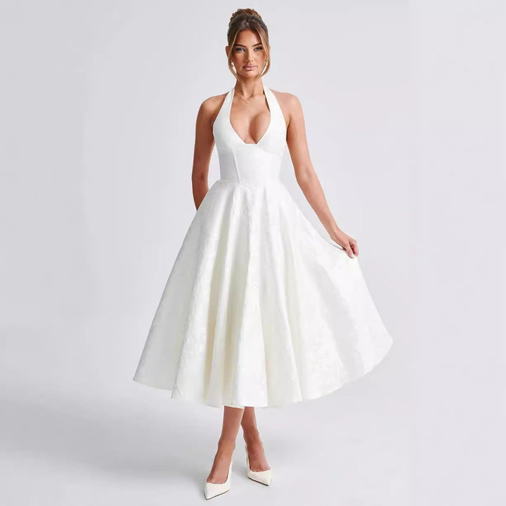 Women’s Halter Neck Dress – Flared Tea-Length – Textured Fabric – Fitted Bodice