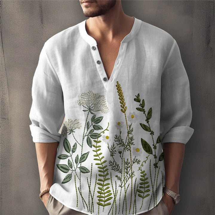 Men’s Shirt – Relaxed Fit – Cotton – Henley Neck – Floral Embroidered – Rolled Sleeve