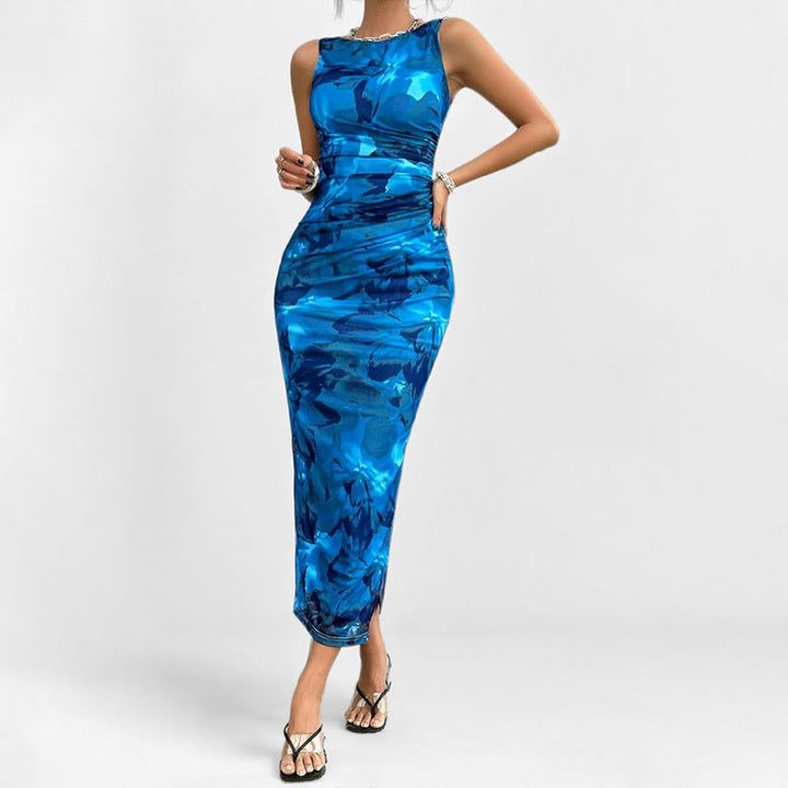 Women’s Bodycon Dress – Midi Length – Sleeveless – Side Slit – Abstract Print – Stretch Fit