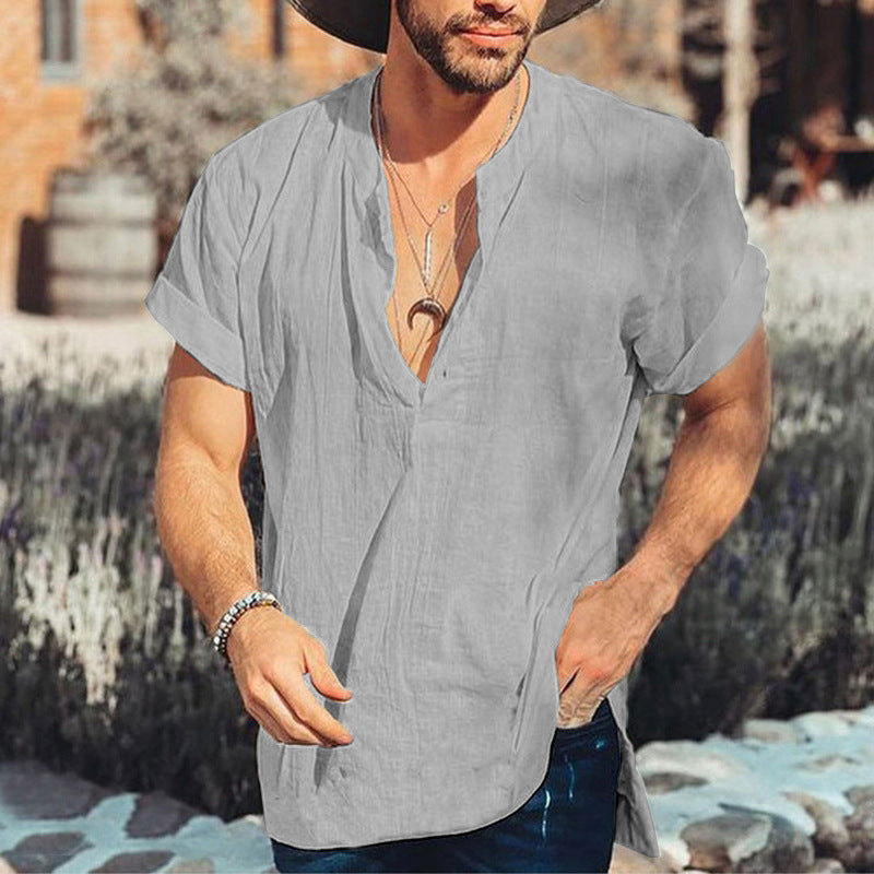 Men’s Casual Shirt – Relaxed Fit – Short Sleeve – V-Neck – Breathable Natural Fibers