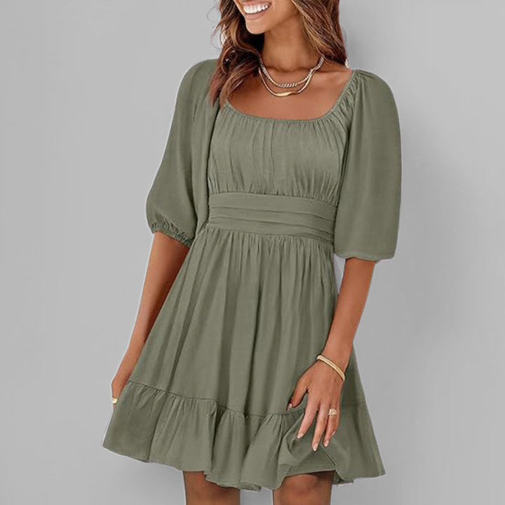 Women’s A-Line Dress – Square Neck – Puff Sleeve – Ruffle Hem – Lightweight Cotton