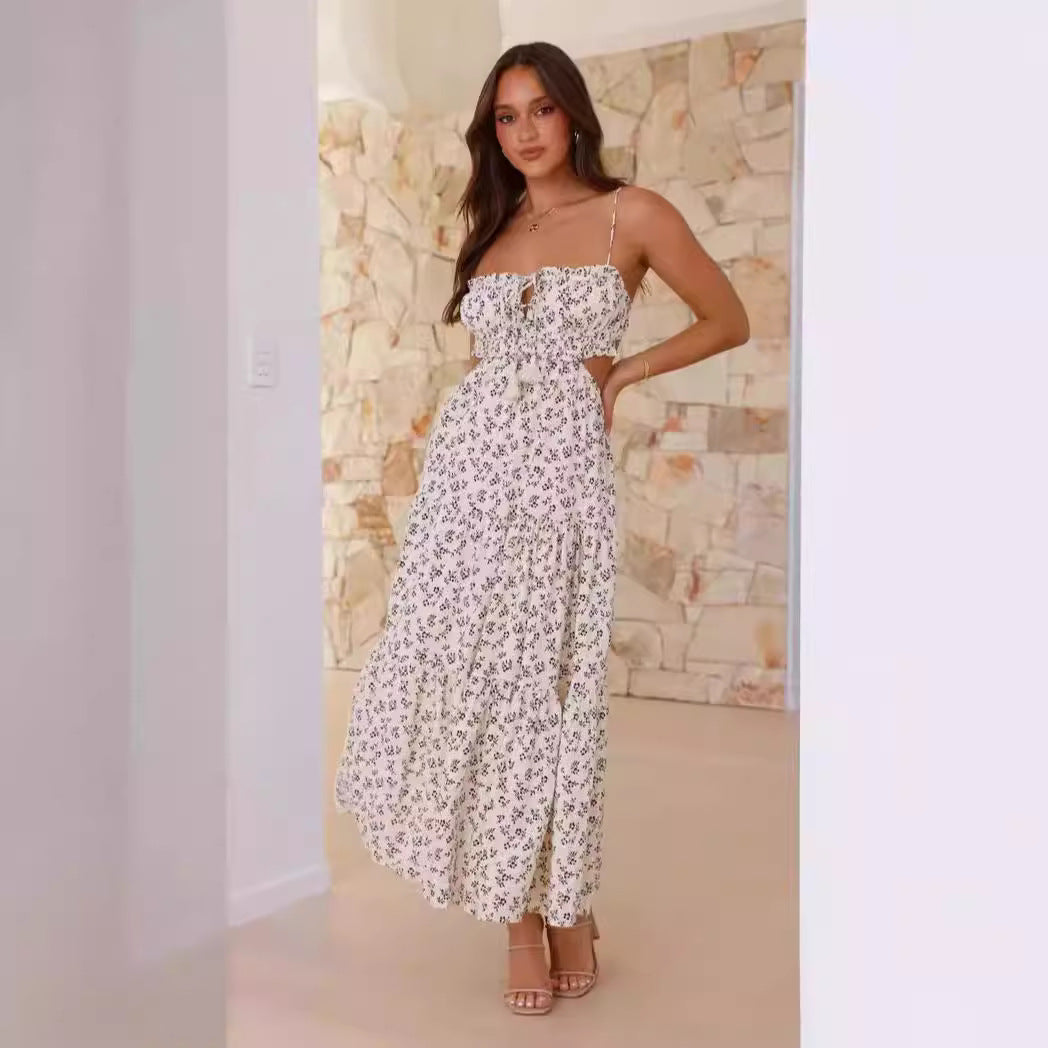 Women’s Midi Dress - Cut-Out Sides - Ruched Bust - Spaghetti Straps - A-Line Fit