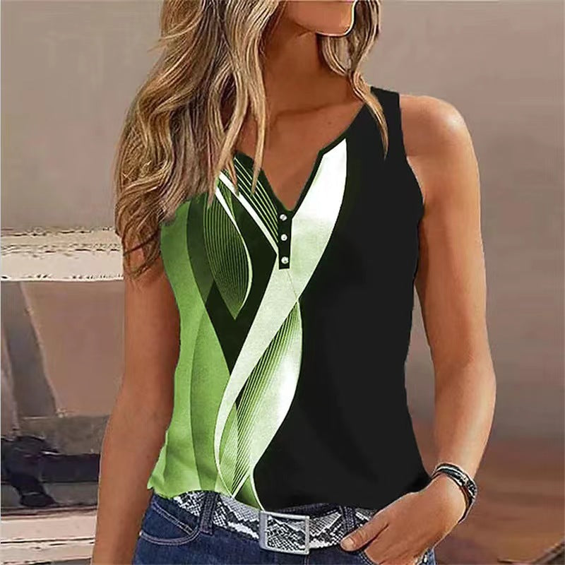 Women’s Sleeveless Top – Relaxed Fit – V-Neck – Decorative Buttons – Breathable Blend