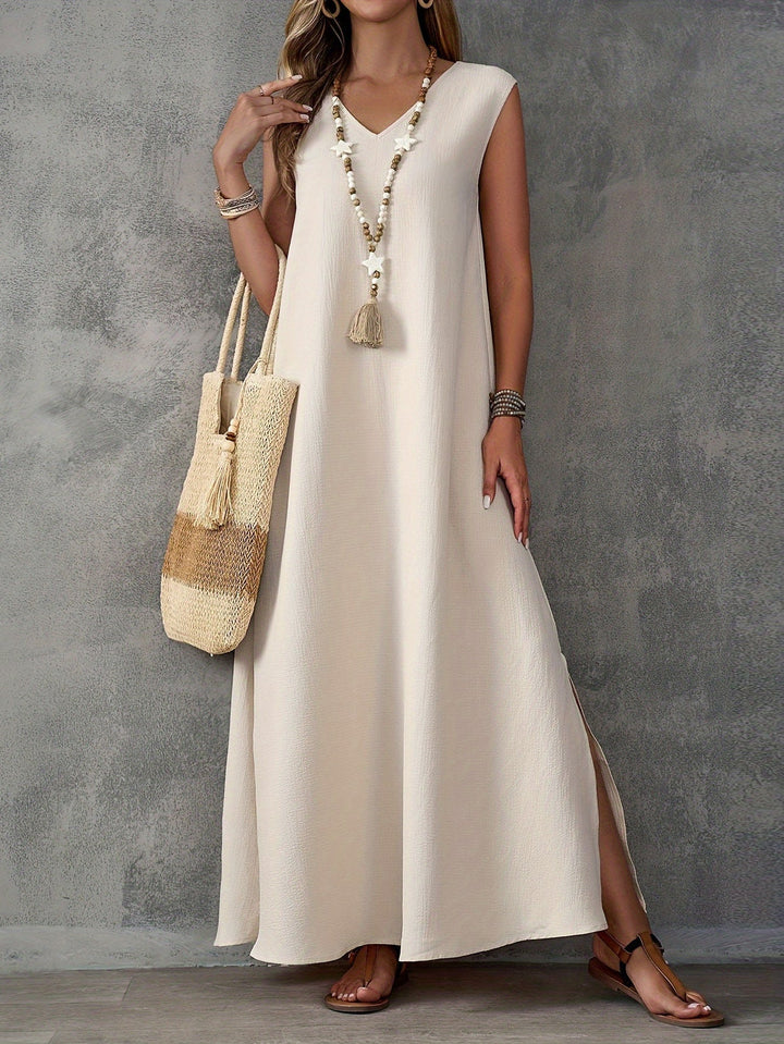 Women’s Maxi Dress – Flowing Fit – V-Neck – Sleeveless – Side Slits – Cotton