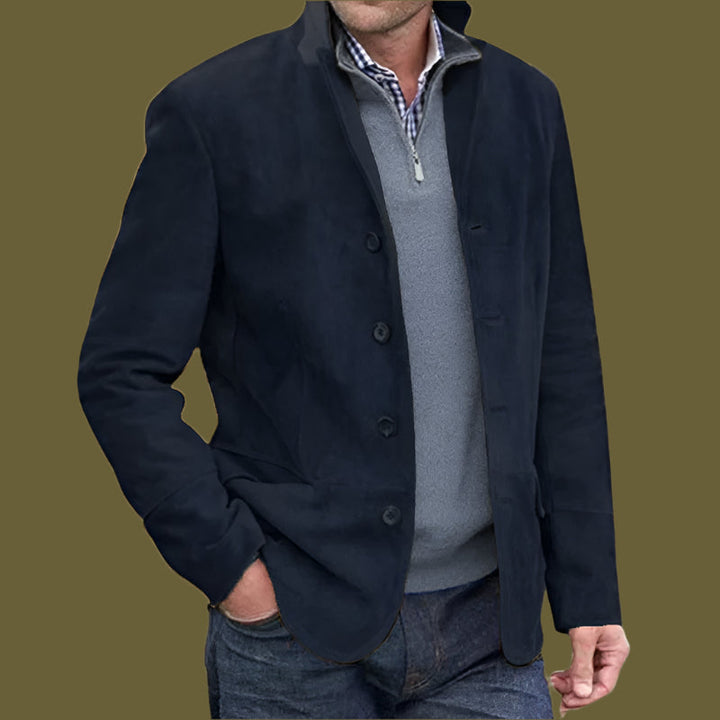 Men’s Suede Feel Jacket - Regular Fit - Stand Collar - Button Front - Vintage Style