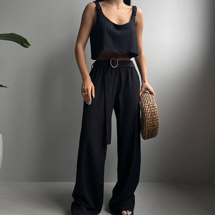 Women’s Two-Piece Set – Crop Top & Wide-Leg Pants – Lightweight Crinkled Fabric – Relaxed Fit