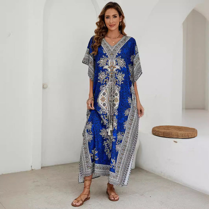 Women’s Maxi Dress – Flowing Fit – V-Neck – Short Wide Sleeves – Ornate Pattern – Breathable Fabric