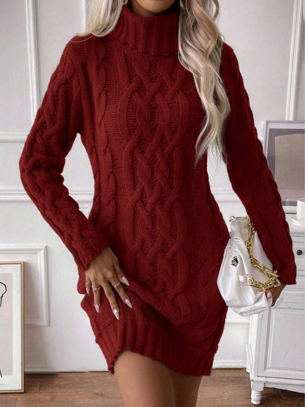 Women’s Sweater Dress – Cable Knit – Turtleneck – Slim Fit – Long Sleeve – Ribbed Hem