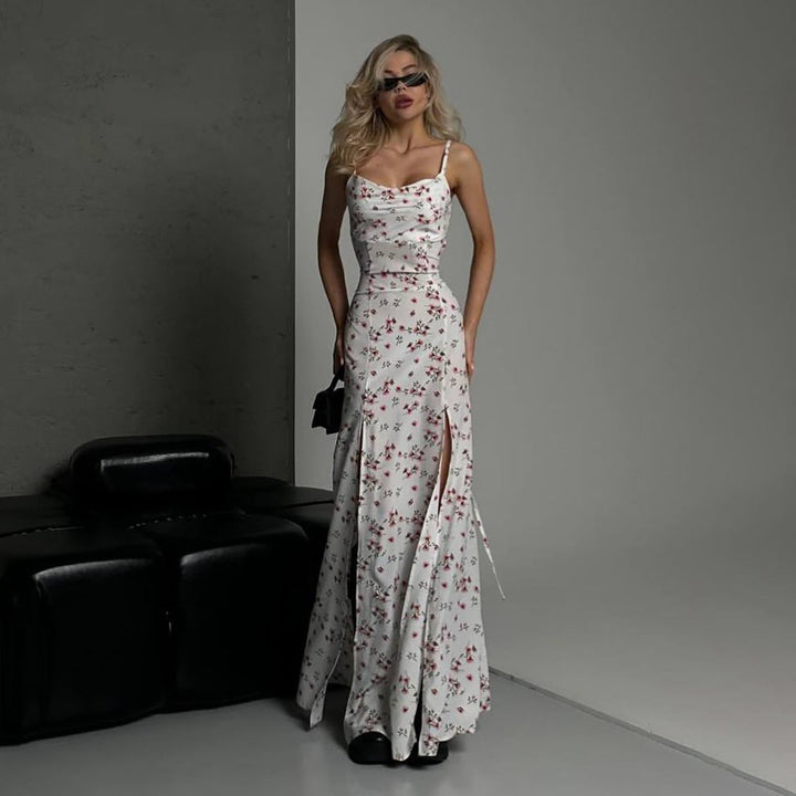 Women’s Maxi Dress – Slim Fit – Spaghetti Straps – High Slit – Floral Pattern
