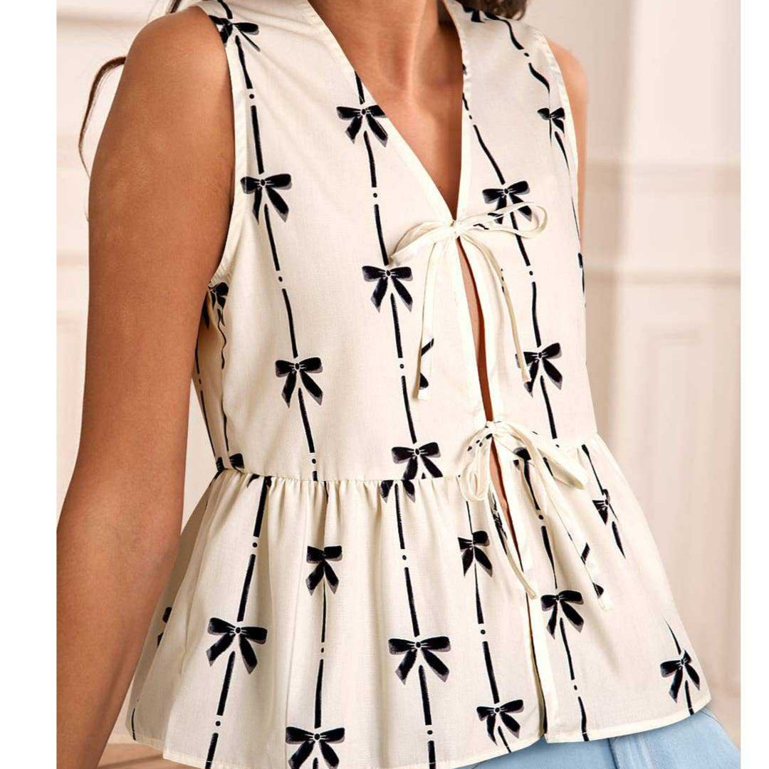 Women’s Sleeveless Peplum Top – V-Neck Tie Front – Lightweight Fitted Silhouette