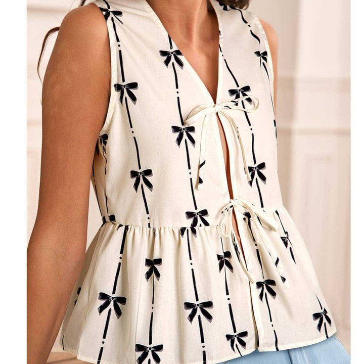 Women’s Sleeveless Peplum Top – V-Neck Tie Front – Lightweight Fitted Silhouette