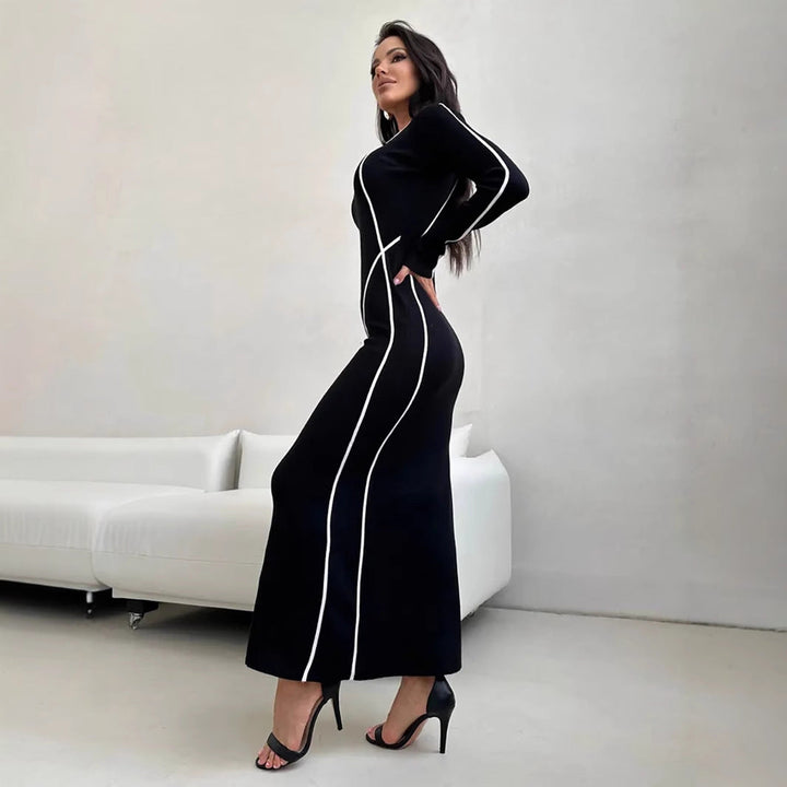 Women’s Long Sleeve Dress - Floor Length - Slim Fit - Scoop Neck - Contrast Piping