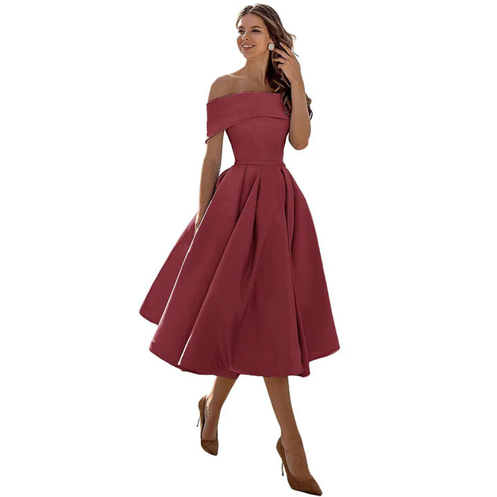 Women's Off-the-Shoulder Midi Dress - Fitted Bodice - Pleated Flared Skirt - Elegant Formal Wear