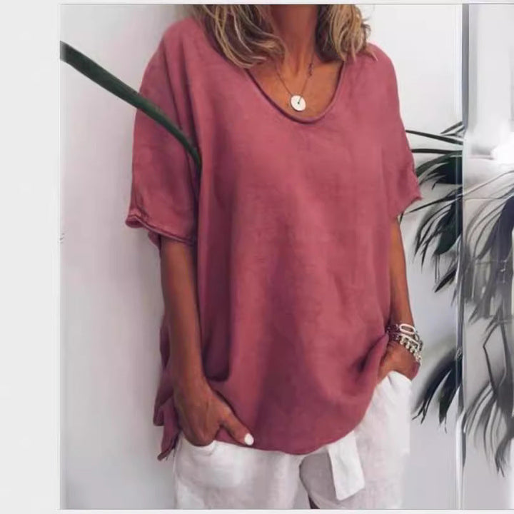 Women’s T-Shirt - Cotton Linen Blend - Relaxed Fit - V-Neck - Short Sleeve - Casual Top