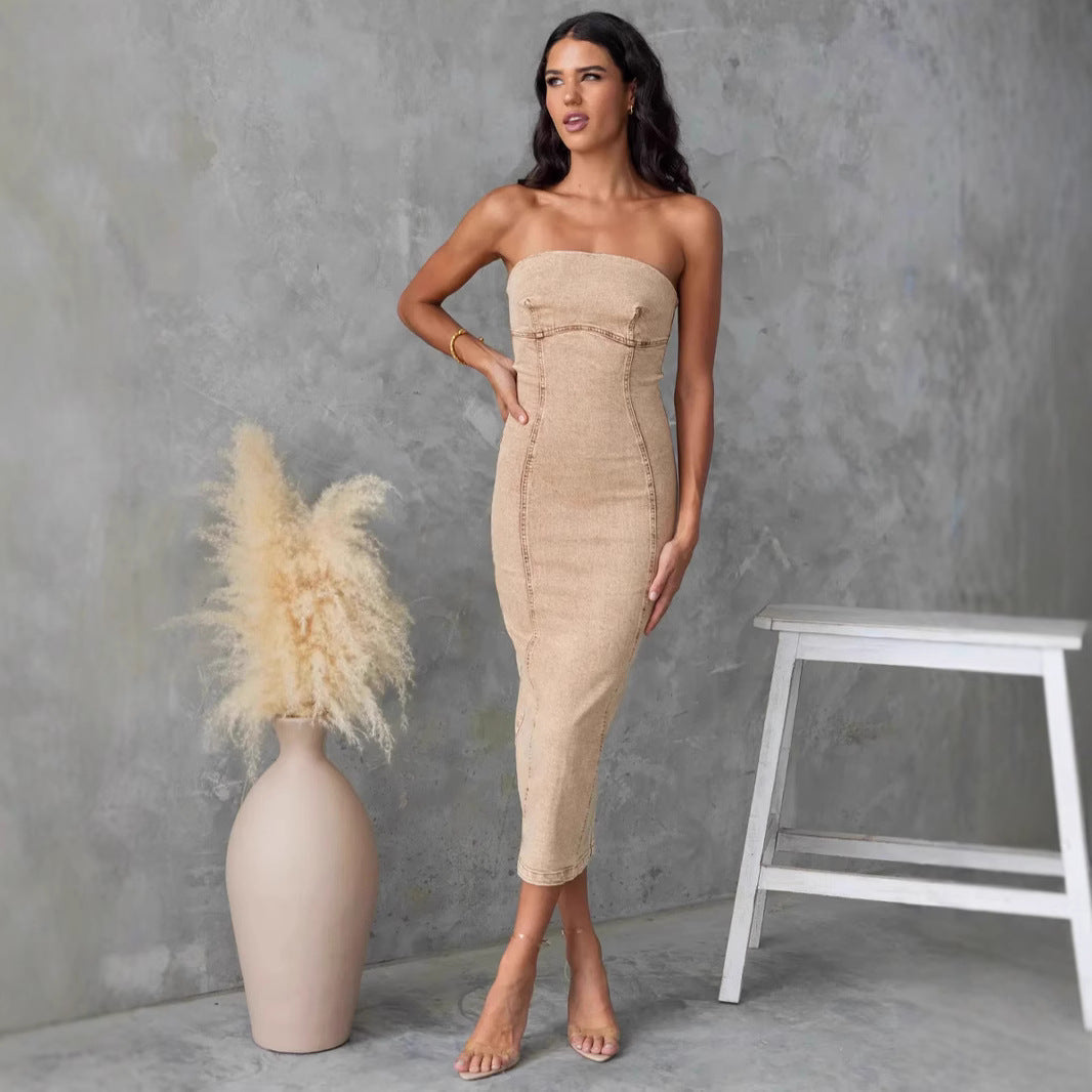 Women’s Denim Dress – Strapless – Slim Fit – Midi Length – Structured Seam Detail