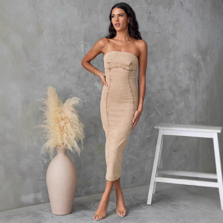 Women’s Denim Dress – Strapless – Slim Fit – Midi Length – Structured Seam Detail
