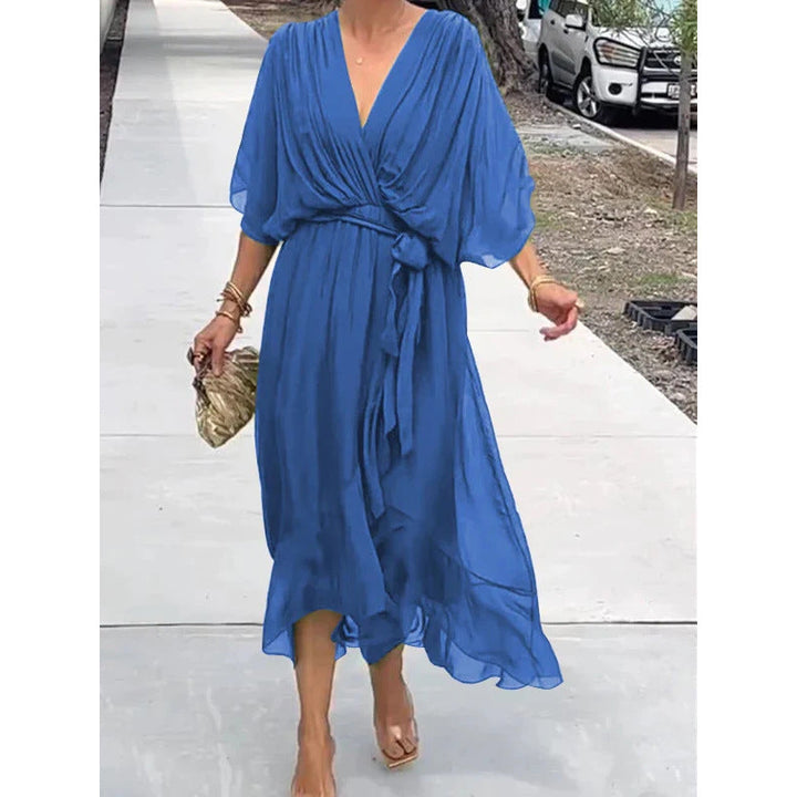 Women’s Maxi Dress – Flowing Fit – Batwing Sleeves – Tie Waist – Asymmetrical Hem