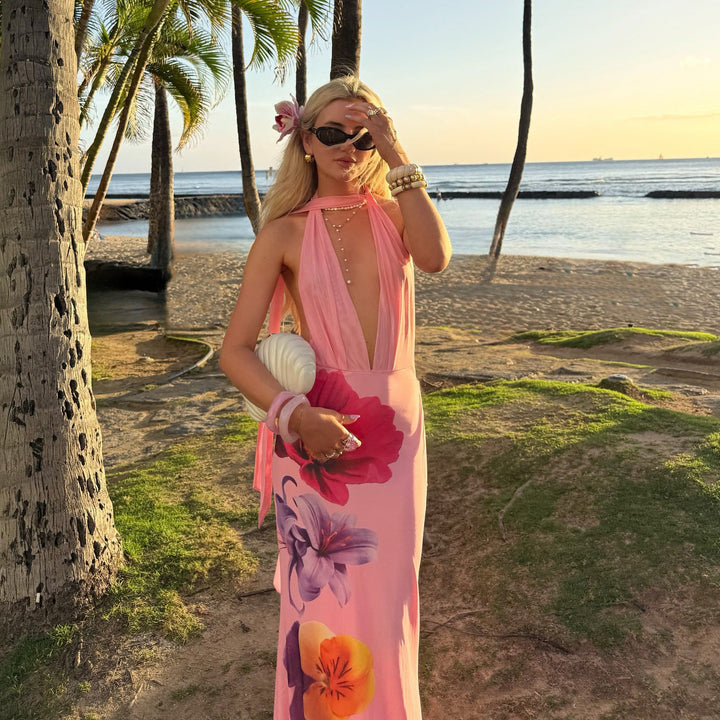 Women’s Maxi Dress - Halter Neck - Deep V-Neck - Fitted Bodice - Floral Flowing Skirt