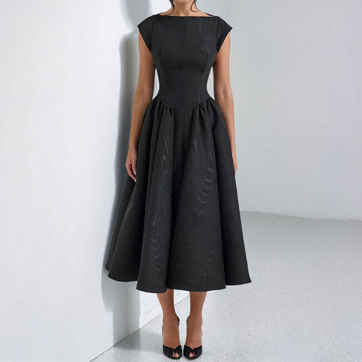 Women’s Midi Dress - Fitted Bodice - Pleated Flared Skirt - Sleeveless High Neckline