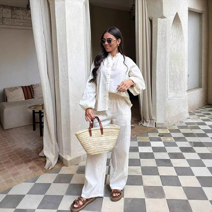 Women's Two-Piece Set - Relaxed Fit Blouse with Embroidery - Wide-Leg Pants - Button Closure