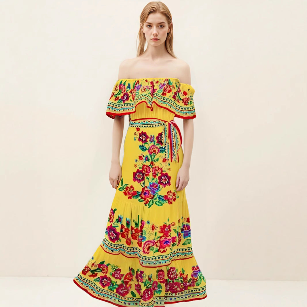 Women’s Maxi Dress – Off-Shoulder – Floral Embroidery – Ruffled Detail – Flowy Fit