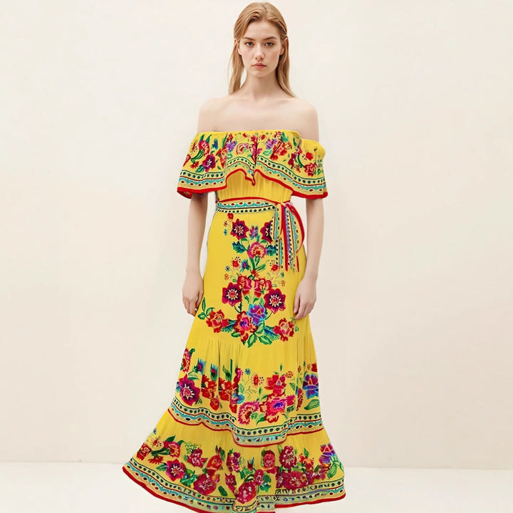Women’s Maxi Dress – Off-Shoulder – Floral Embroidery – Ruffled Detail – Flowy Fit