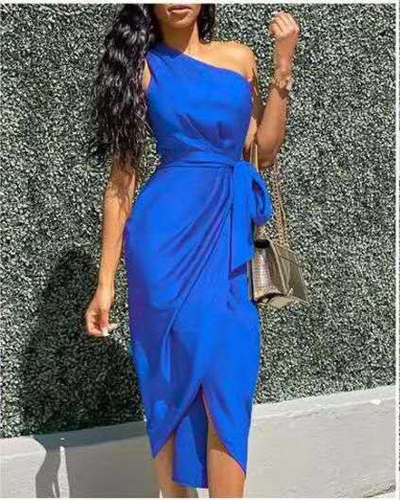 Women’s Midi Dress – One Shoulder – Slim Fit – Draped Skirt – Waist Tie Detail
