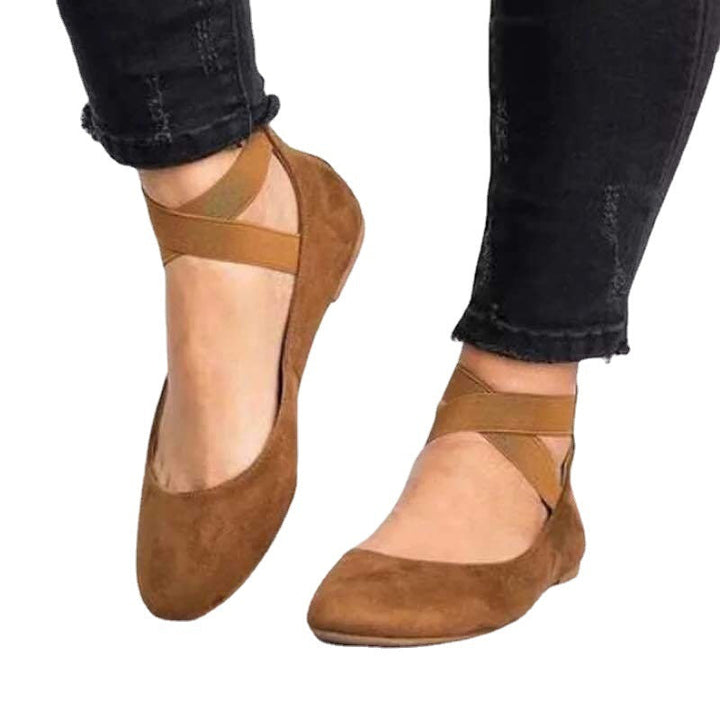 Women’s Ballet Flats – Suede Finish – Elastic Strap – Rounded Toe – Low Profile Fit