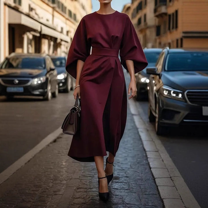 Women’s Long Dress - Draped Fit - Belted Waist - ¾ Sleeve - Elegant Eveningwear