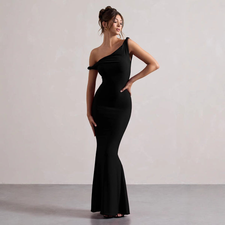 Women’s Maxi Dress – Asymmetrical Neckline – Figure-Hugging Fit – Breathable Blend