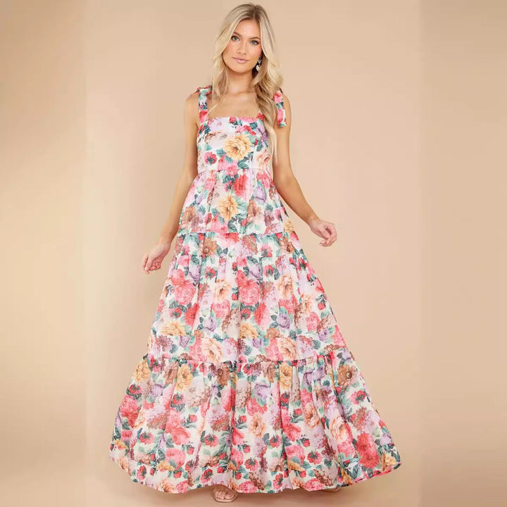 Women’s Maxi Dress – Sleeveless Tiered – Square Neck – Lightweight Floral Cotton Blend