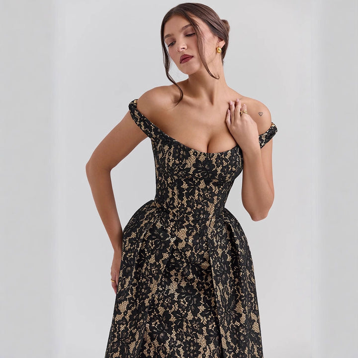 Women’s Evening Gown - Off-Shoulder Lace Overlay - Fitted Bodice - Flowing Skirt