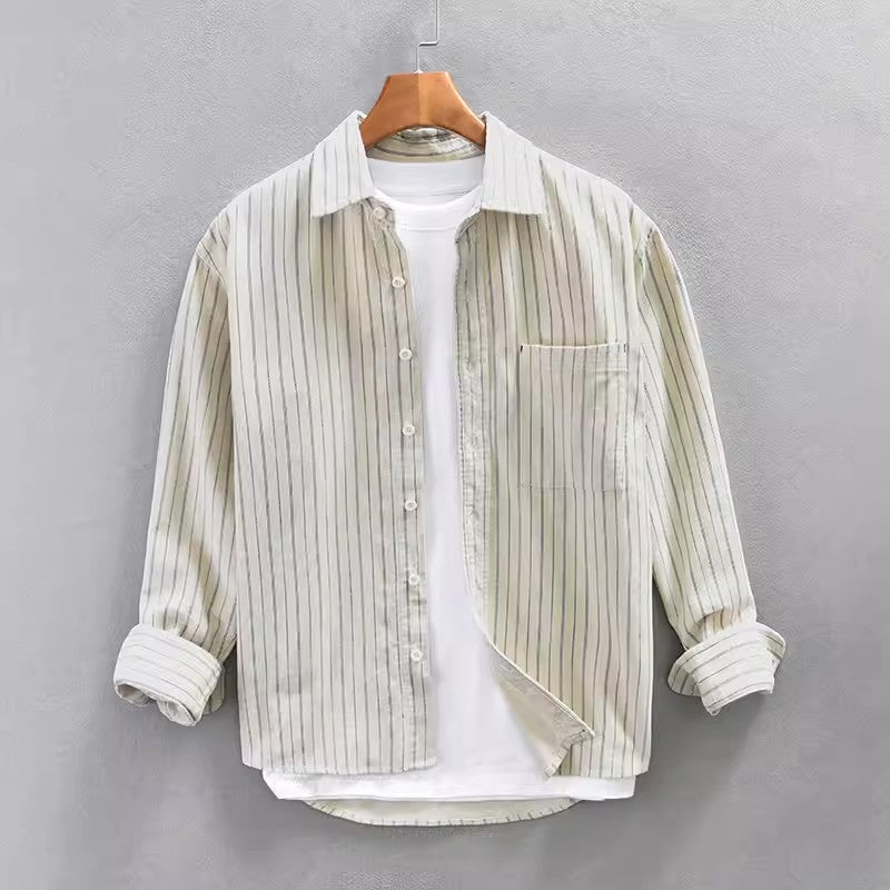 Men’s Long Sleeve Shirt – Relaxed Fit – Cotton – Vertical Stripes – Button Down – Chest Pocket