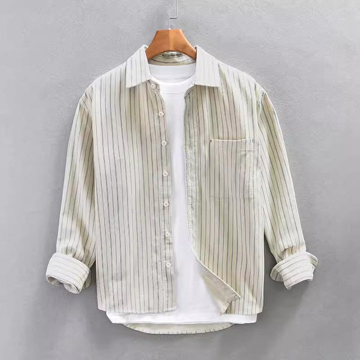 Men’s Long Sleeve Shirt – Relaxed Fit – Cotton – Vertical Stripes – Button Down – Chest Pocket